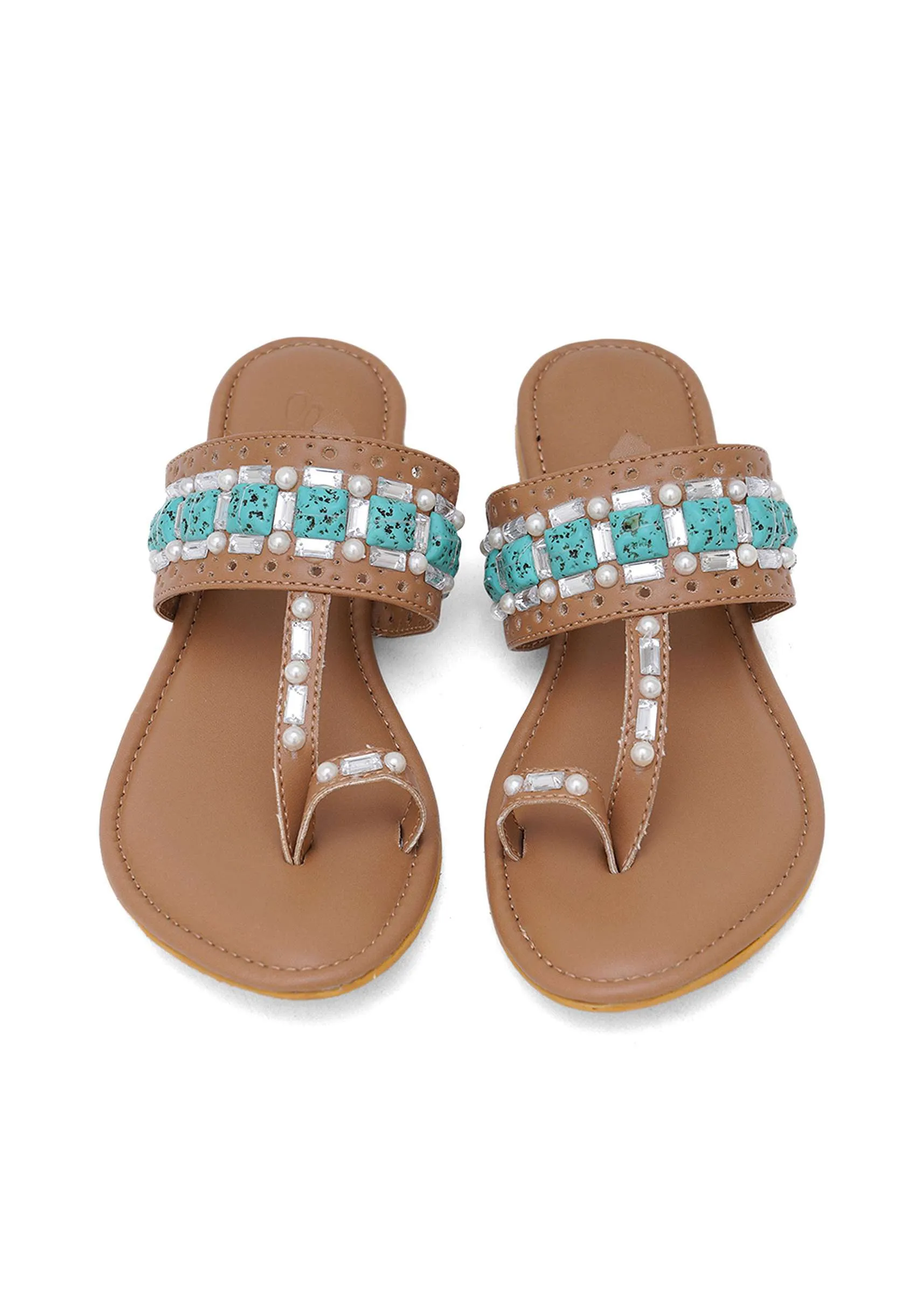 Beige Kolhapuri Flats With Embroidery In Feroza Stones And Pearls