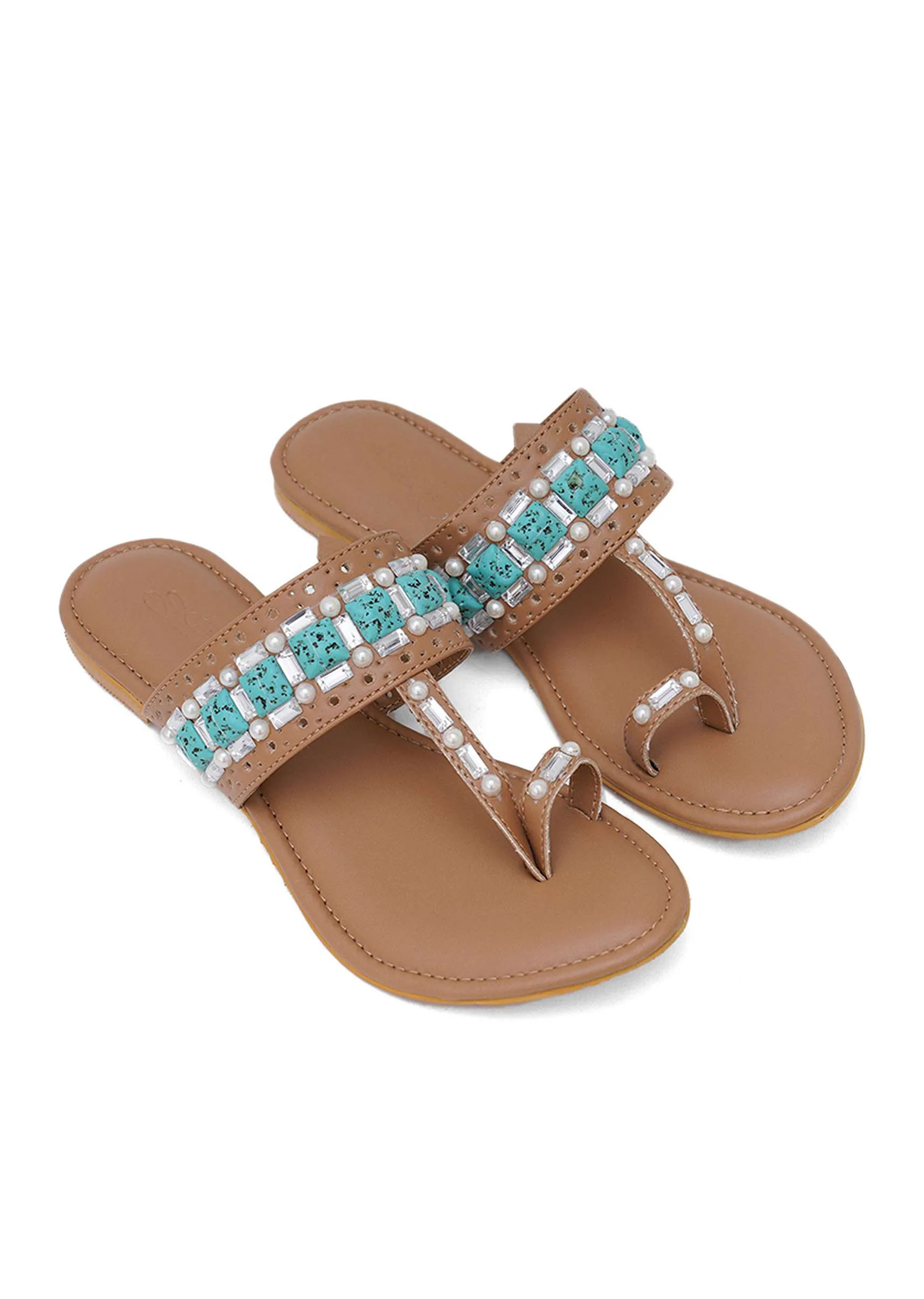 Beige Kolhapuri Flats With Embroidery In Feroza Stones And Pearls