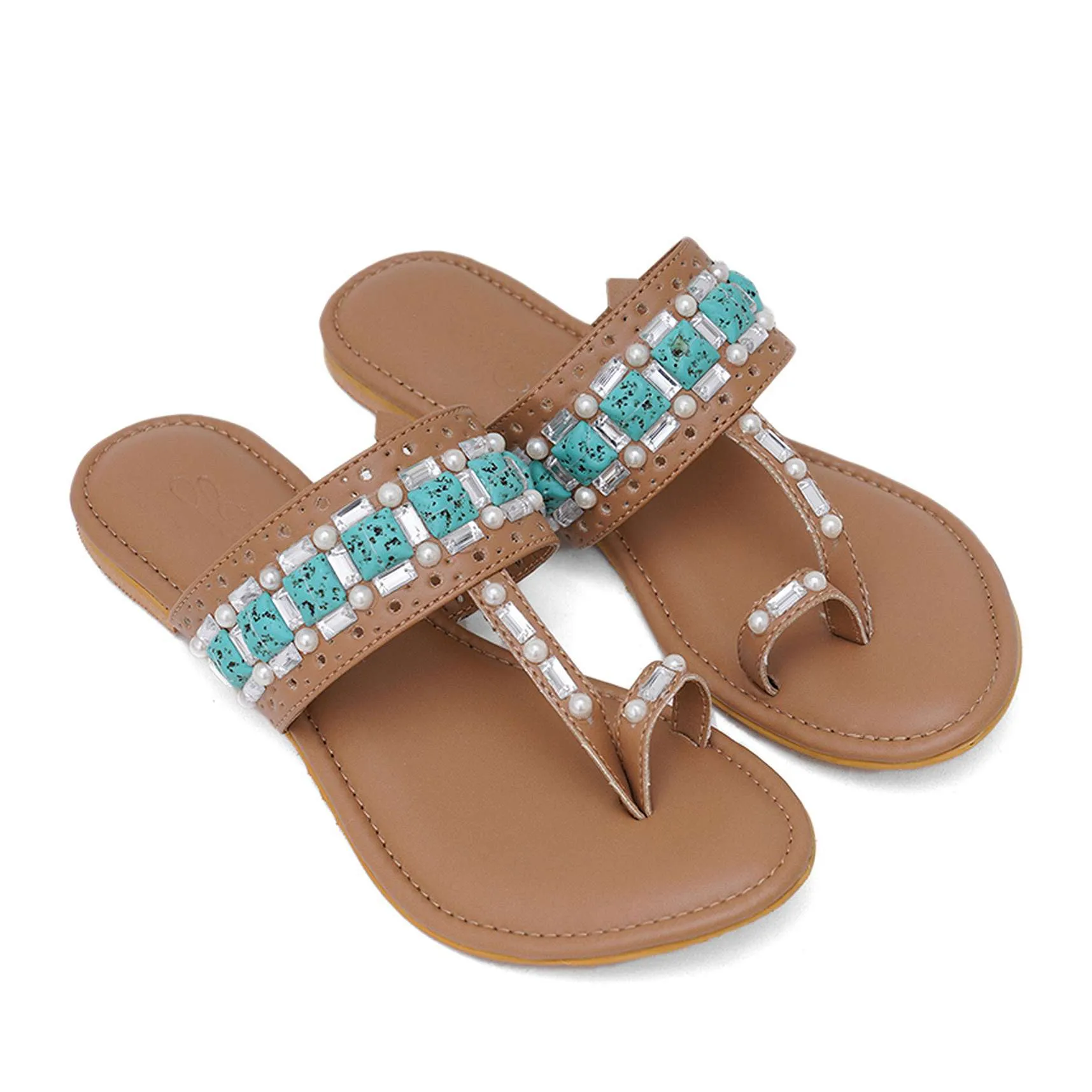 Beige Kolhapuri Flats With Embroidery In Feroza Stones And Pearls