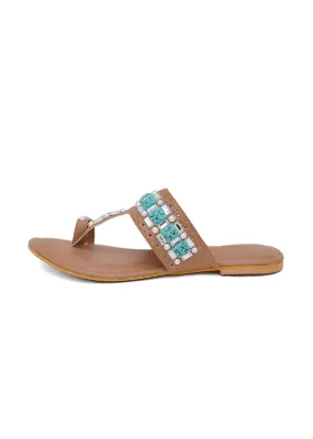 Beige Kolhapuri Flats With Embroidery In Feroza Stones And Pearls