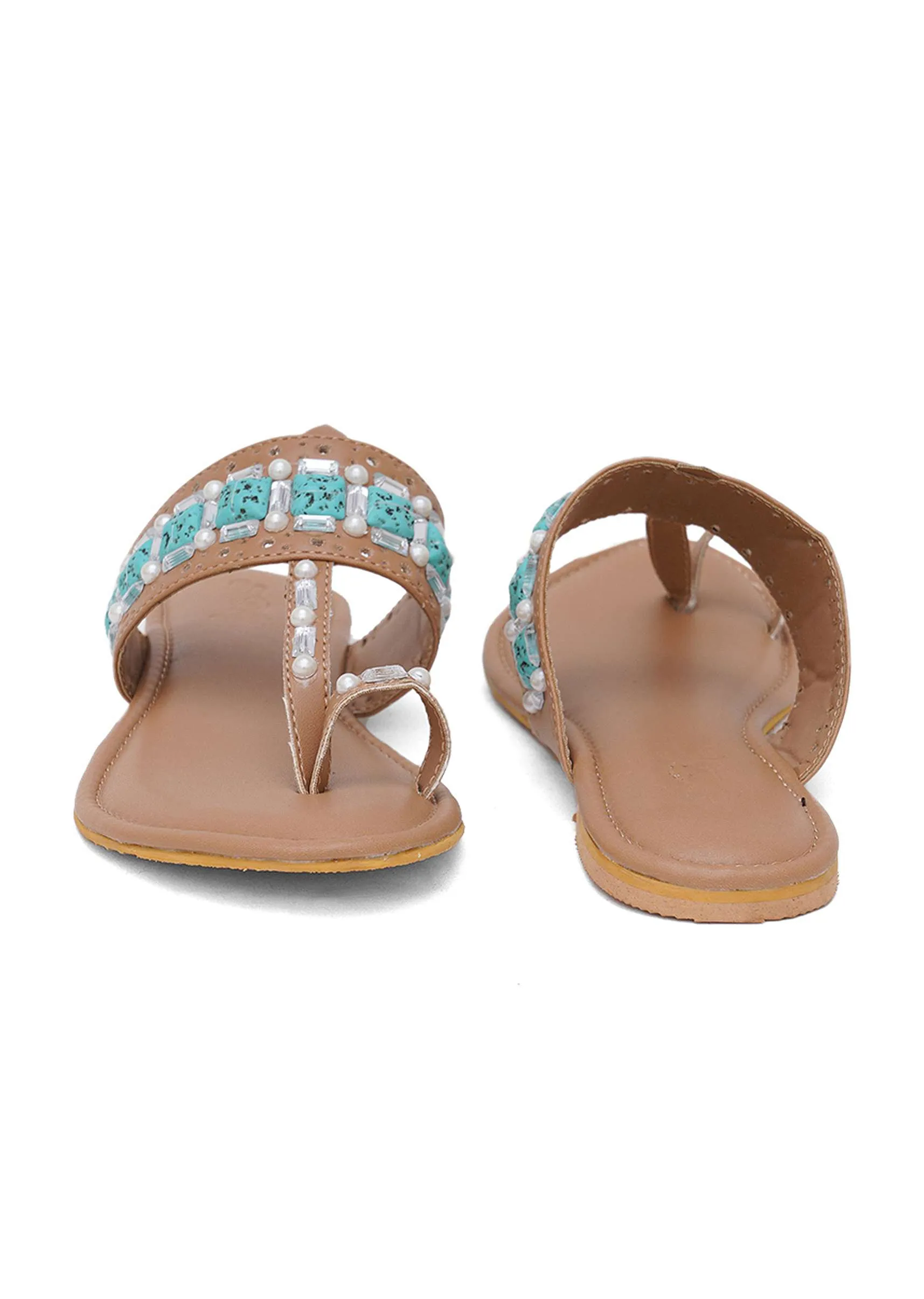 Beige Kolhapuri Flats With Embroidery In Feroza Stones And Pearls