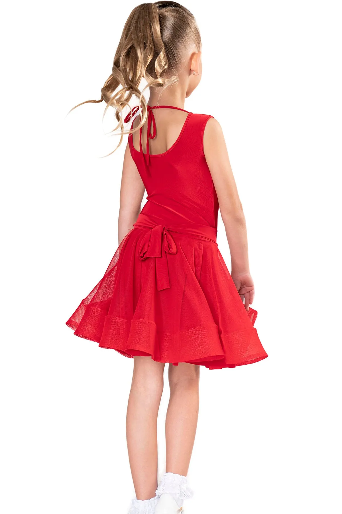 Dance America JR-S1 Girls Regulation Lace, Mesh, or Burnout Velvet Latin Dance Skirt with Adjustable Back Bow in Stock