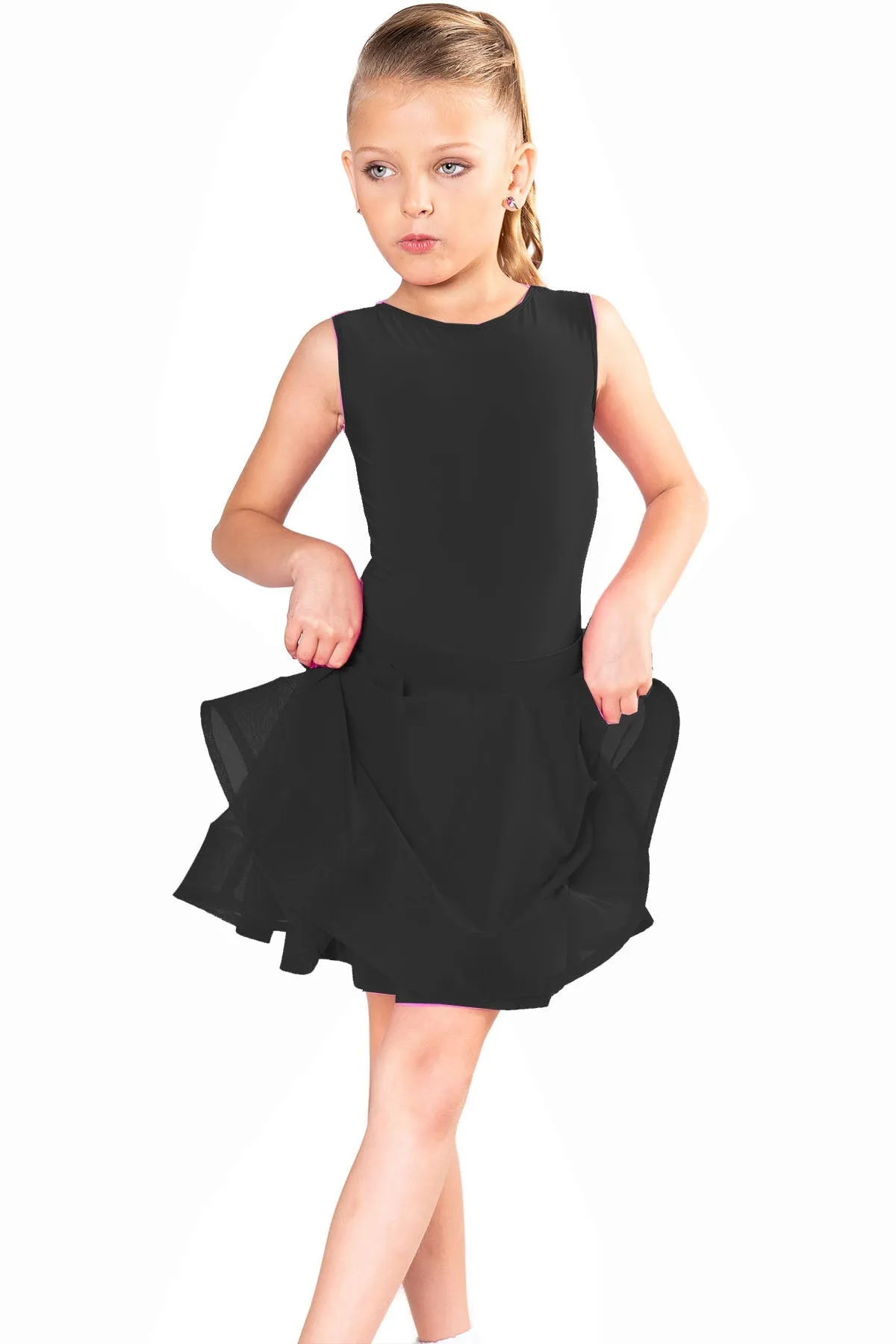 Dance America JR-S1 Girls Regulation Lace, Mesh, or Burnout Velvet Latin Dance Skirt with Adjustable Back Bow in Stock