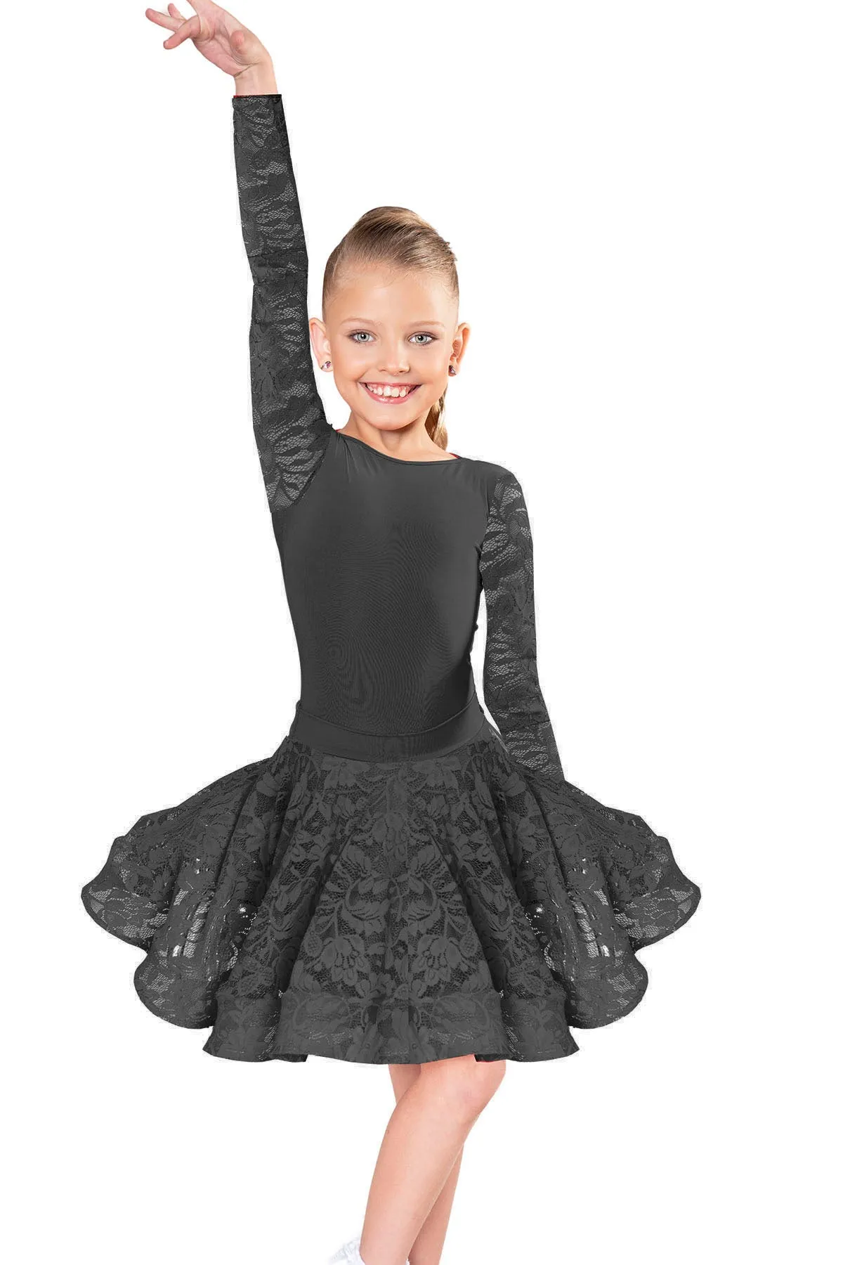 Dance America JR-S1 Girls Regulation Lace, Mesh, or Burnout Velvet Latin Dance Skirt with Adjustable Back Bow in Stock