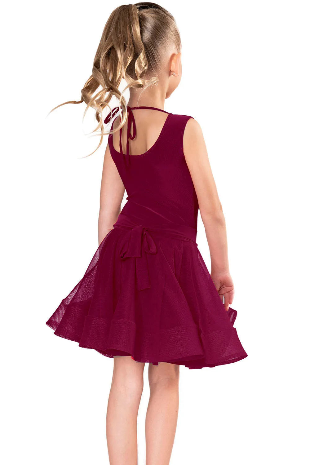 Dance America JR-S1 Girls Regulation Lace, Mesh, or Burnout Velvet Latin Dance Skirt with Adjustable Back Bow in Stock