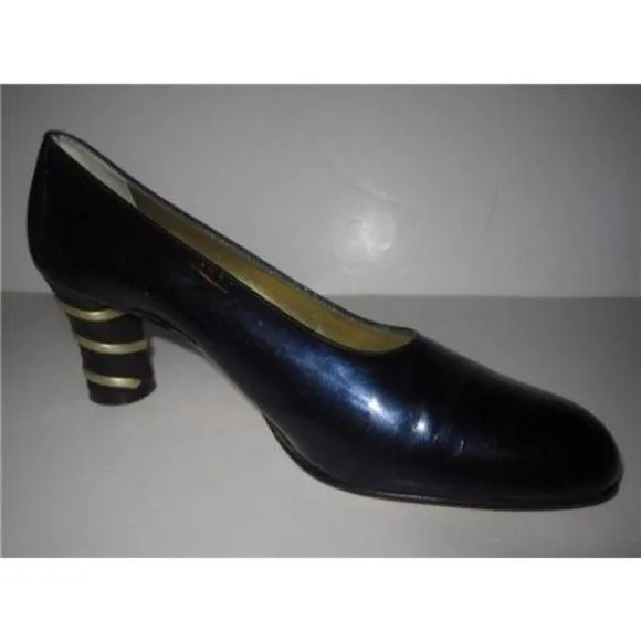 Escada RETRO Blue Patent Leather Pumps with Gold Bands