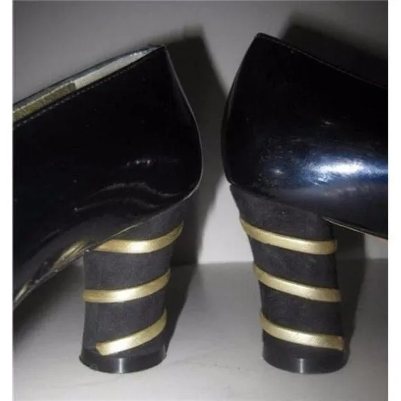 Escada RETRO Blue Patent Leather Pumps with Gold Bands